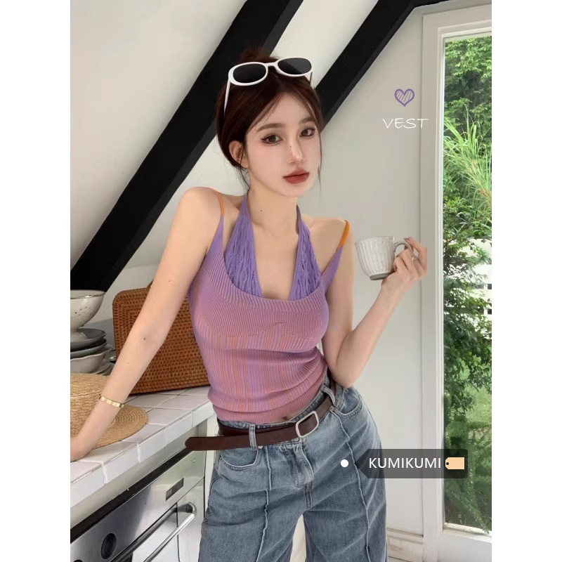 設計感假兩件拼接掛脖吊帶背心女外穿夏季小眾別致獨特修身上衣潮