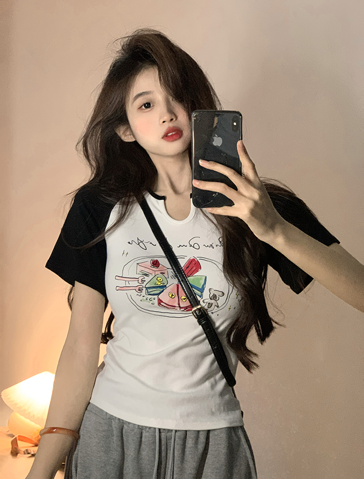 原創~實拍~牛角袖印花顯瘦修身短袖T恤女夏