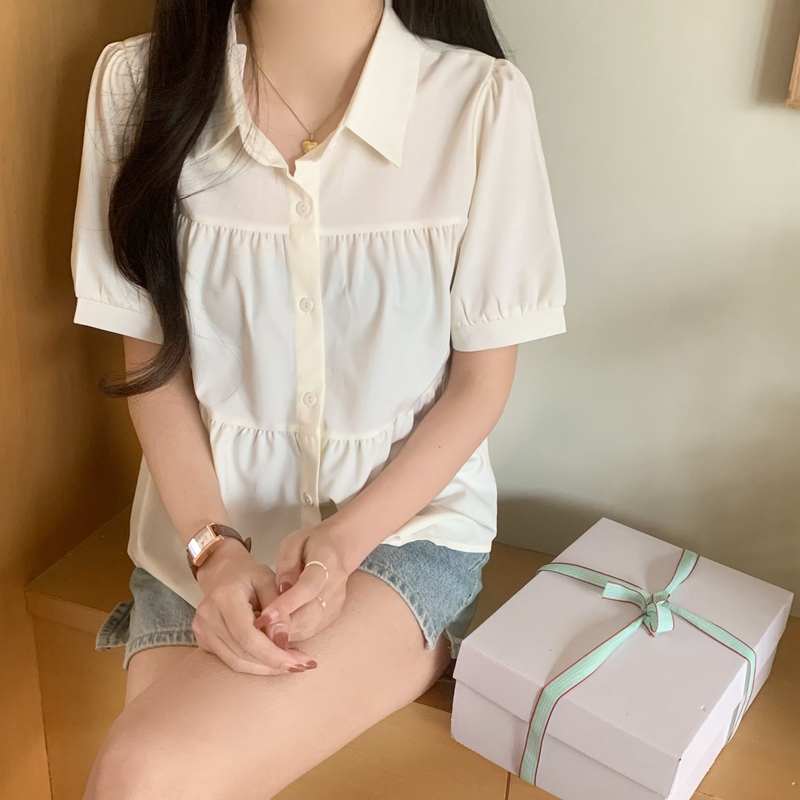 實拍 杏色短袖娃娃衫女夏2024新款寬鬆泡泡袖遮肚子收腰襯衫上衣
