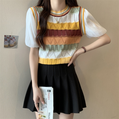 Real shot of Dopamine outfit striped splicing knitted short-sleeved women's fake two-piece T-shirt high-waisted short top trendy