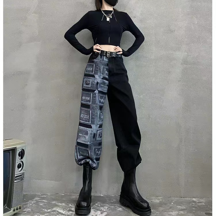 大碼歐美風辣妹黑色直筒設計感圖案拼接顯瘦拖地闊腿牛仔褲
