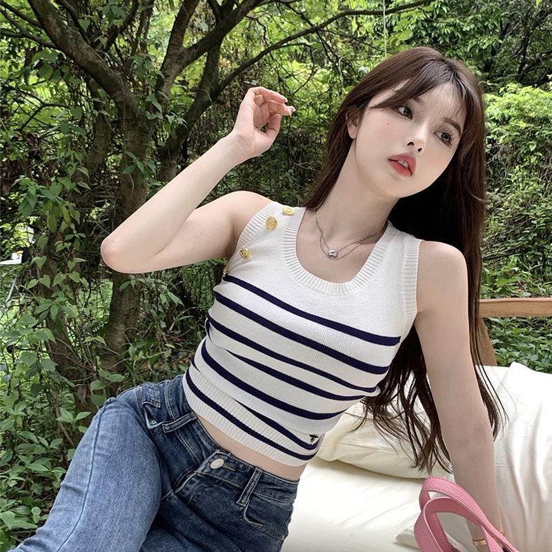 短款吊帶背心女夏圓領冰絲針織露腰條紋修身顯瘦內搭外穿無袖上衣
