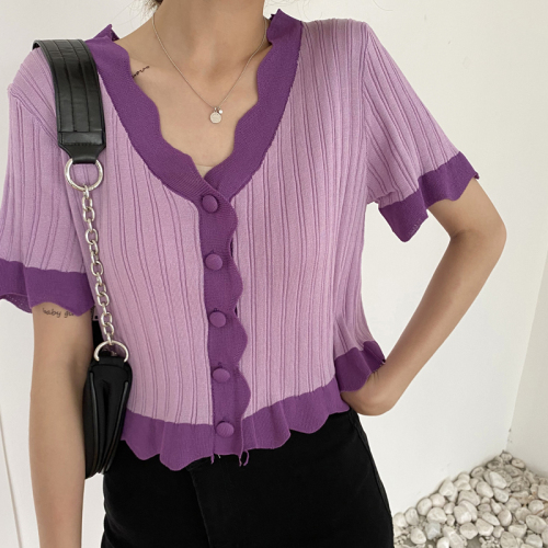 实拍网红冰丝紫色针织衫女短袖夏季宽松V领开衫短款上衣