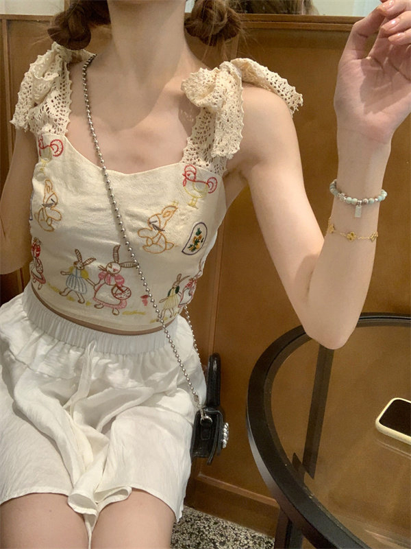 甜美風兔子鏤空綁帶吊帶背心女夏季修身短款上衣女