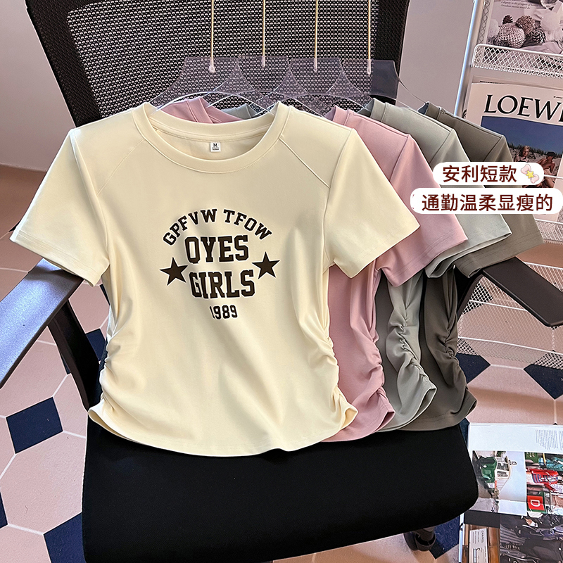 實拍新款有墊肩韓版短袖T恤女圓領正肩印花抽褶簡約上衣小衫女潮