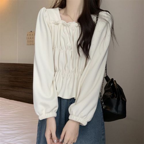 Actual shot of the new Korean style square collar pleated slimming design corduroy pullover shirt