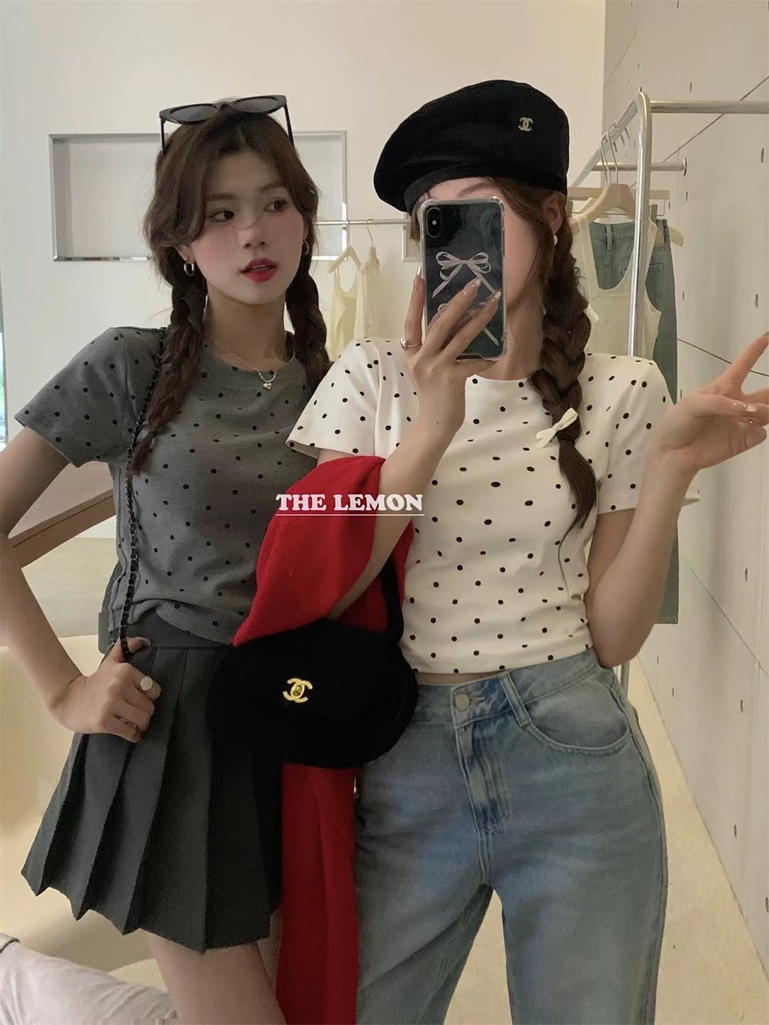THE LEMON檸檬綠茶復古波點正肩顯瘦短袖T恤女夏季減齡短款上衣
