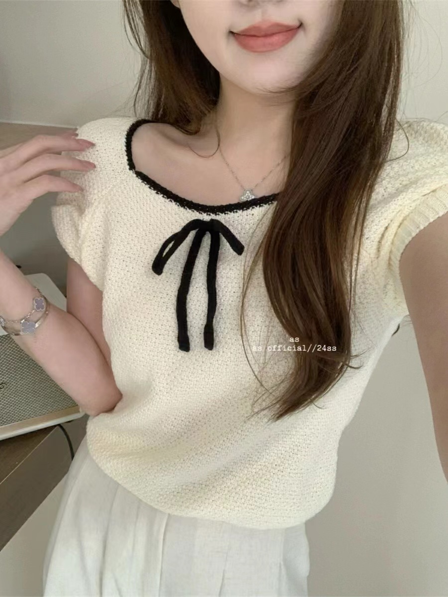 韓系chic別致絕美小香風蝴蝶結上衣方領針織衫短袖t恤女夏季新款