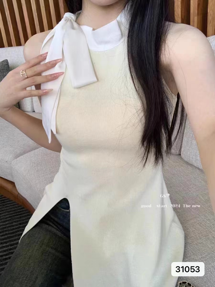 針織大碼女裝純欲甜辣絲帶拼接開叉長款吊帶
