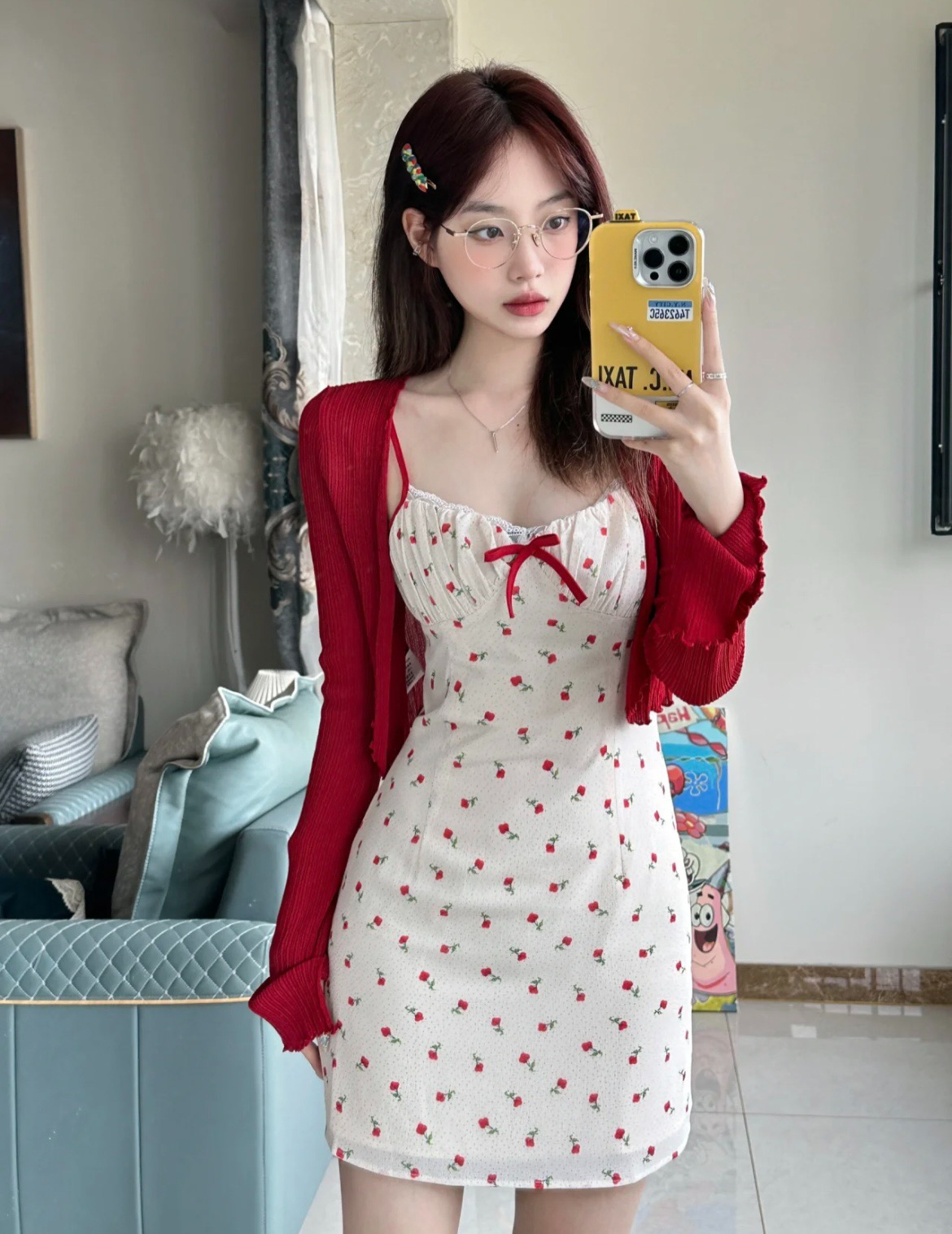 小櫻桃 明艷系美女子碎花吊帶連衣裙紅色開衫套裝