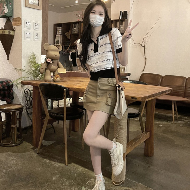 條紋翻領針織衫短袖t恤女夏季甜辣小個子設計感高腰別致短款上衣