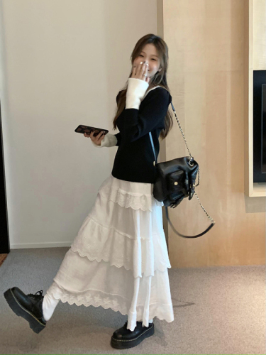 White Lace Cake Dress for Women, Elastic High-Waist Hip-Hiding Slimming Loose and Versatile Medium-Length Skirt - Korean Version