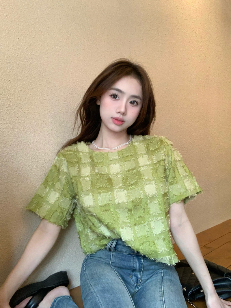 實拍~夏季新款韓版設計感復古撞色格子流蘇毛邊氣質顯瘦上衣