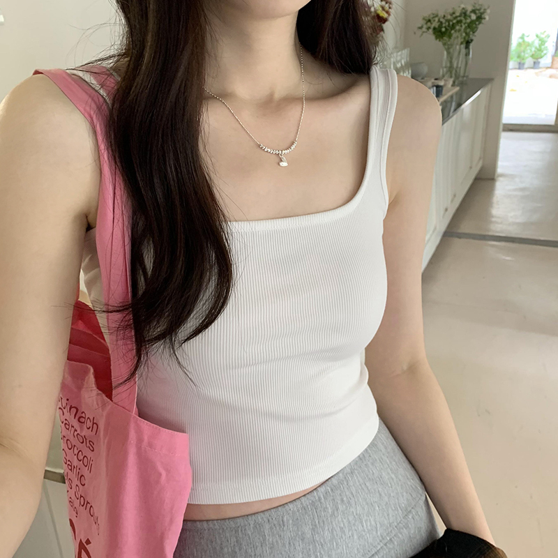 實拍圖方領露背螺紋短款設計感吊帶背心女2024新款百搭無袖上衣