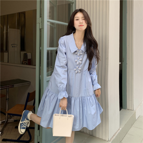 Blue long-sleeved shirt dress women's spring 2024 new style French first love petite chic milky sweet skirt...