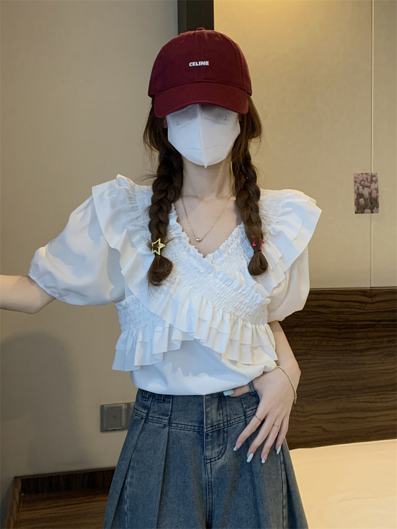襯衫女夏小個子韓版甜美荷葉邊交叉V領雪紡衫設計感系帶短款