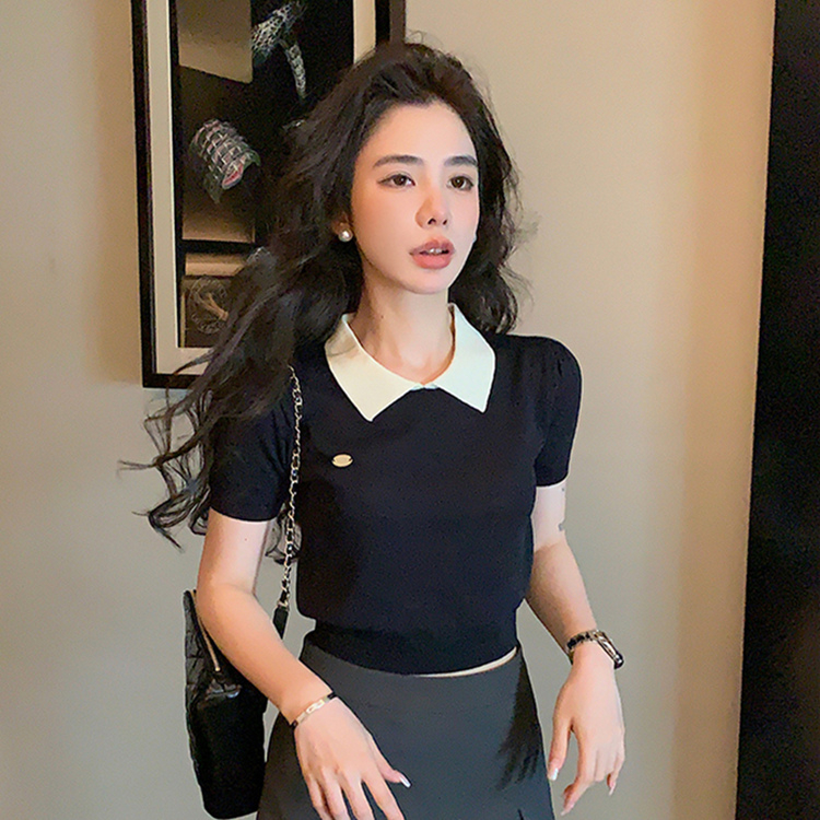 2024夏季新款polo領針織短袖t恤女高級感拼接甜辣妹小上衣韓國單