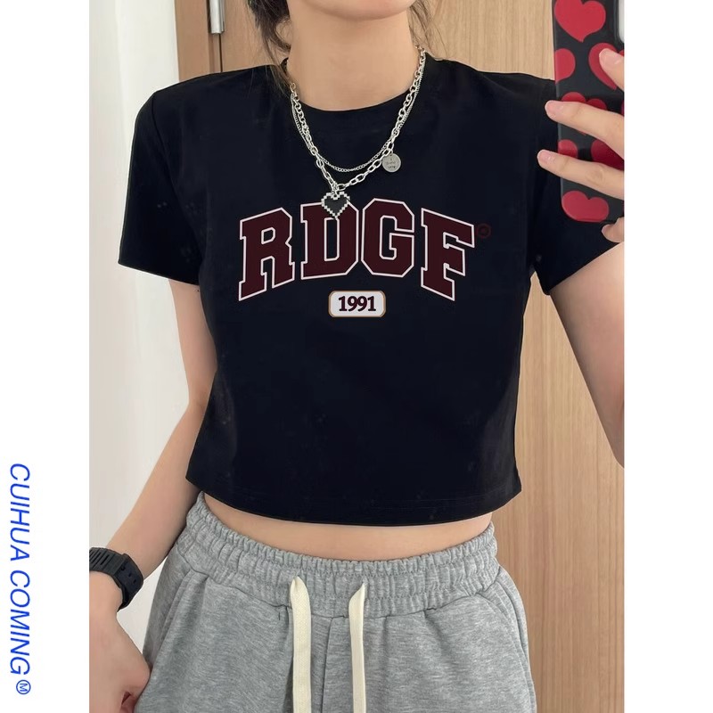 1*1純棉 高彈力夏季修身法式短款洋氣卡腰辣妹新款打底衫上衣