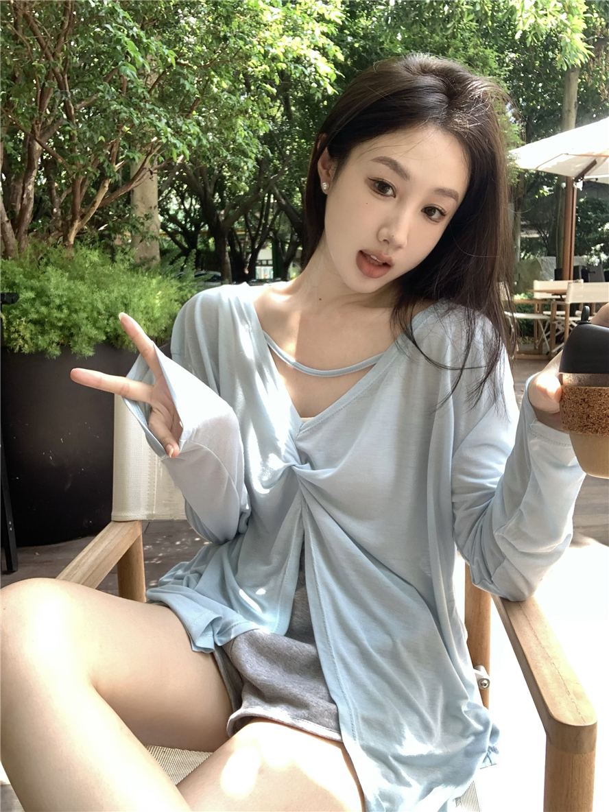 實拍  前後兩穿長袖T恤女夏季新款薄款寬鬆設計感防曬上衣