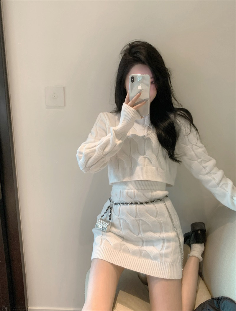 秋冬網紅同款針織毛衣套裝女修身加厚長袖麻花高腰包臀短裙兩件套