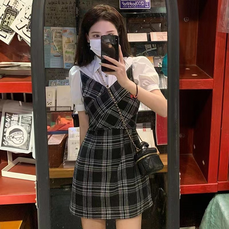 襯衫拼接格子連衣裙女夏季2024新款流行小眾設計高級感假兩件裙子
