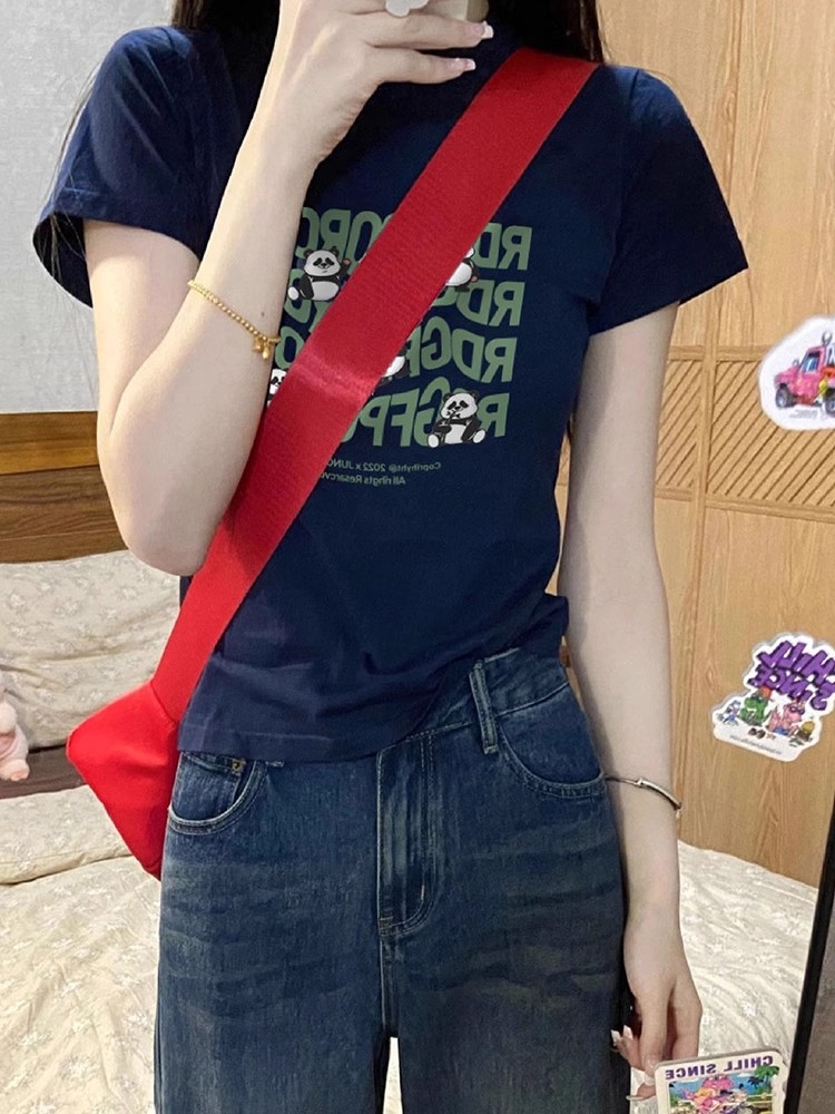 純棉短款美式復古印花短袖T恤女夏季新款少女修身顯瘦上衣