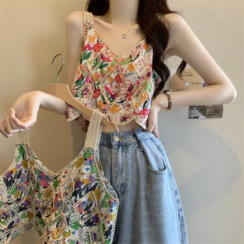 實拍 新版法式復古刺繡鈎花碎花短袖背心吊帶