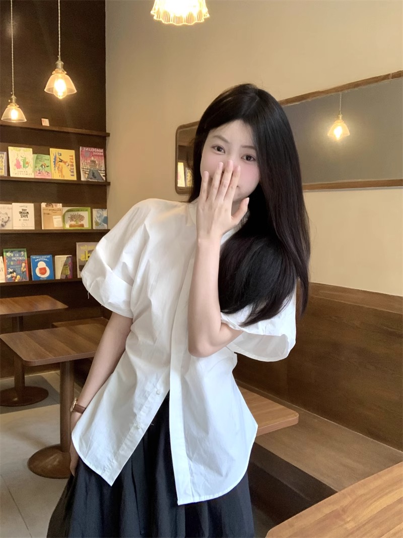 泡泡短袖襯衫女夏季2024新款法式收腰設計感小眾上衣別致白色襯衣