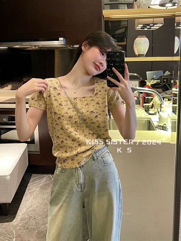 韓系方領短袖碎花針織衫t恤女夏季新款修身顯瘦氣質甜美短款上衣