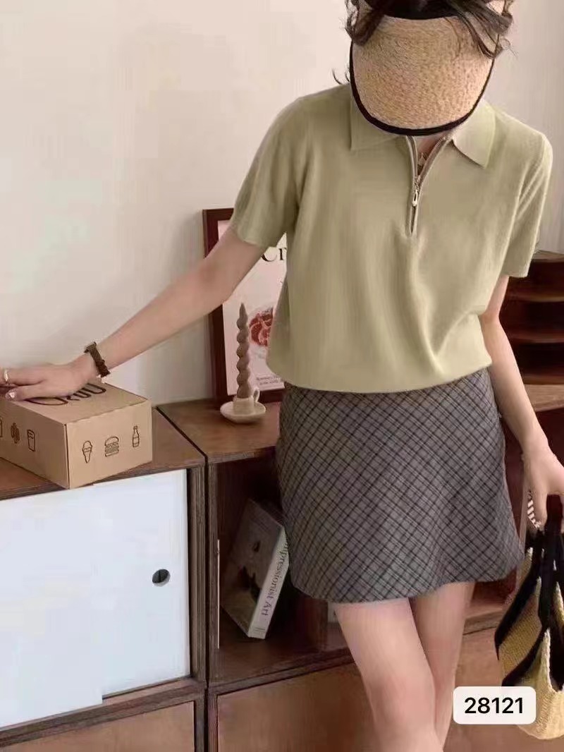 2024夏季新款韓版氣質簡約polo領半拉鏈百搭短袖上衣女