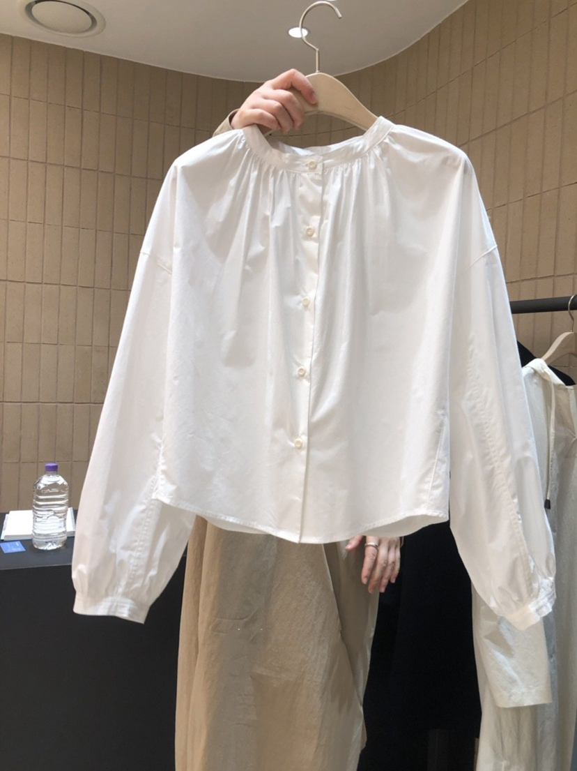 韓國東大門新款氣質圓領褶皺長袖純色百搭寬鬆上衣襯衫女