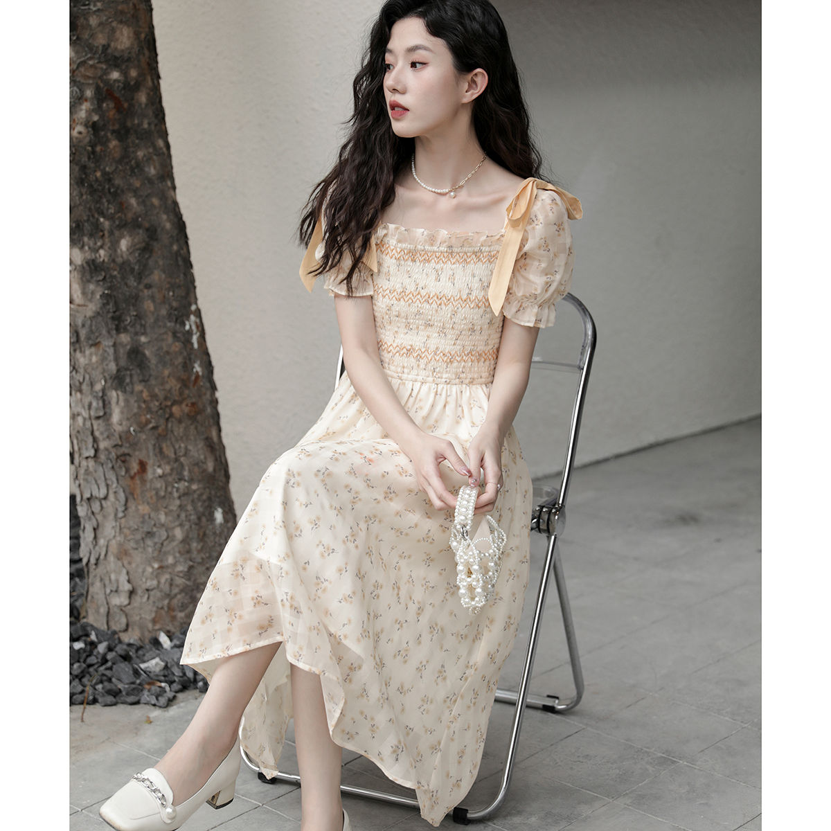 連衣裙2024新款夏裙子女設計感小眾法式復古甜美溫柔風碎花連衣裙