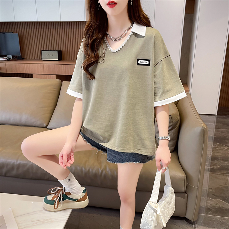 實拍首發後包領棉質夏季POLO衫中長款短袖T恤大碼女