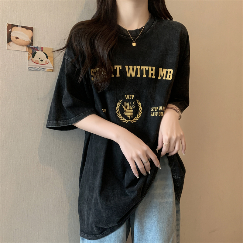 22162# 實拍100%棉220g精梳水洗做舊 寬鬆短袖T恤女寬鬆
