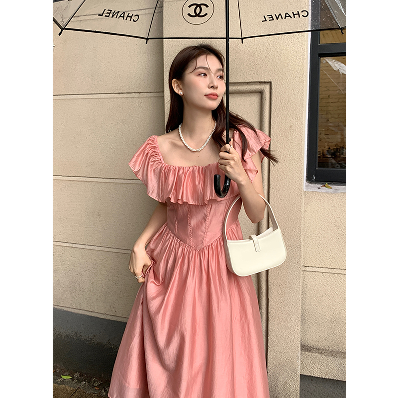 實拍 2024夏季新款法式優雅方領純色裙子中長款雪紡連衣裙女