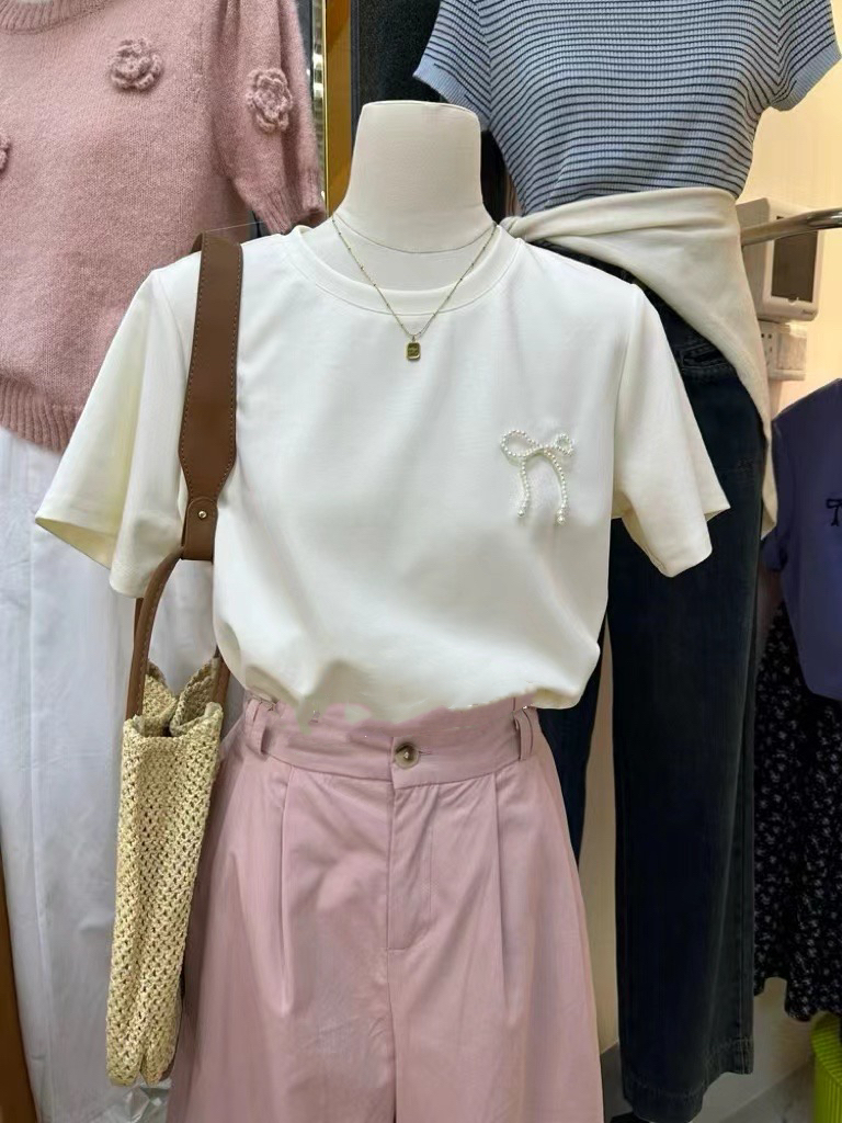 白色短袖t恤女2024夏季新款重工蝴蝶結小衫超好看減齡上衣