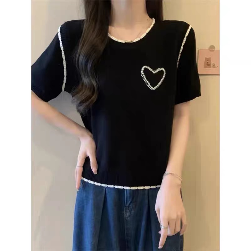 大碼別致氣質圓領釘珠打底衫女夏裝胖mm遮肚子設計感顯瘦正肩上衣