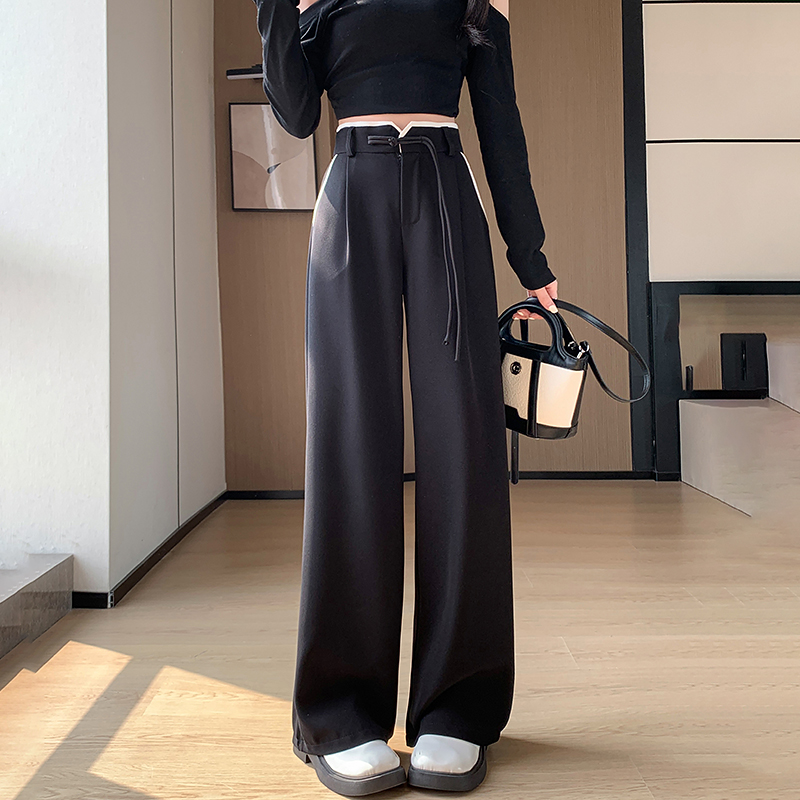 實拍2024春夏新款新中式西裝闊腿褲女拼接撞色寬鬆休閒拖地長褲子
