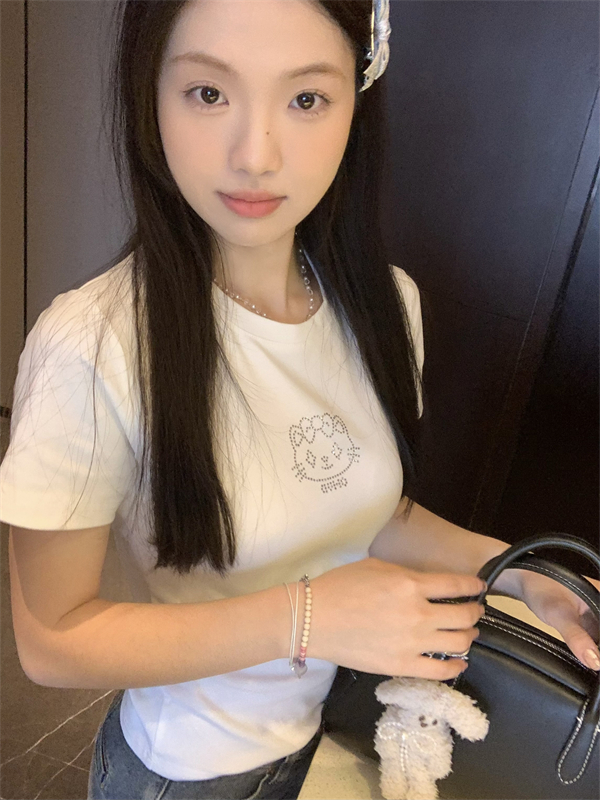 實拍~韓系鬼馬少女可愛燙鑽正肩短袖T恤上衣