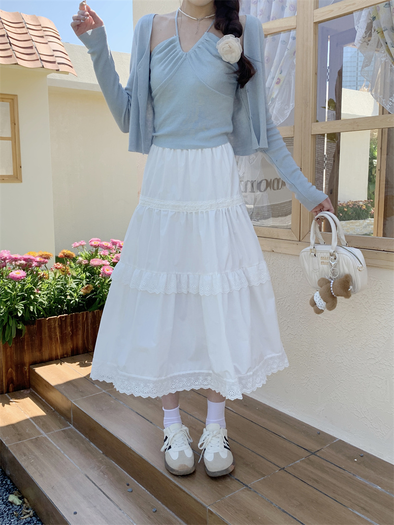 實拍~套裝女春季韓系藍色兩件套上衣+白色半身裙三件套