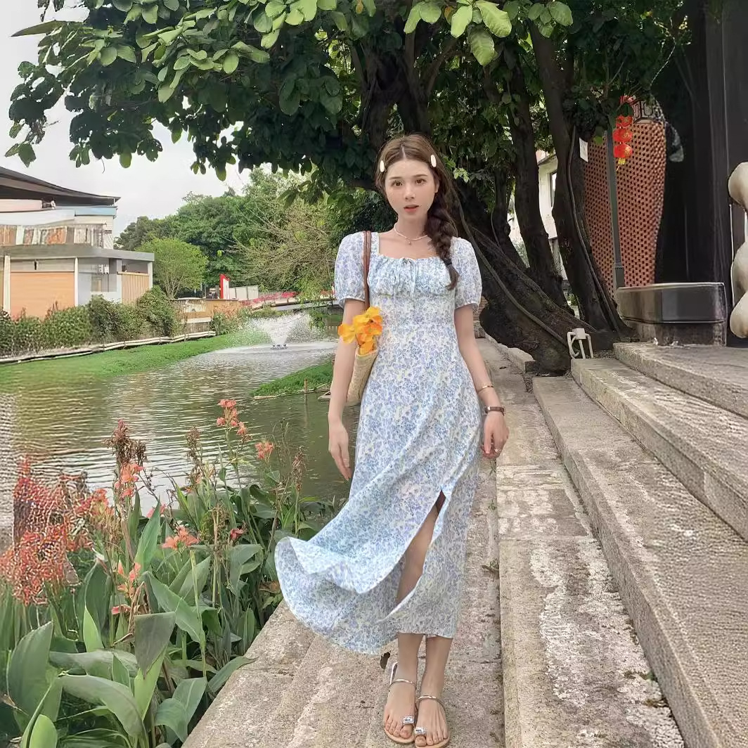 短袖開叉歐美方領波西米亞收腰休閒性感連衣裙碎花長款法式收腰裙