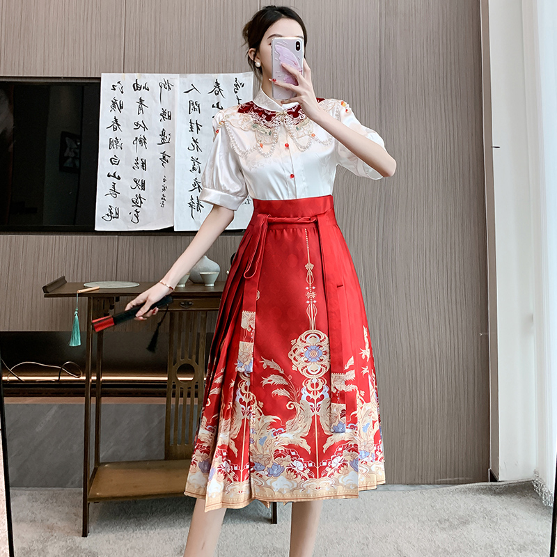 實拍 夏季短袖漢服敬酒訂婚服新中式禮裙紅色結婚服日常款馬面裙