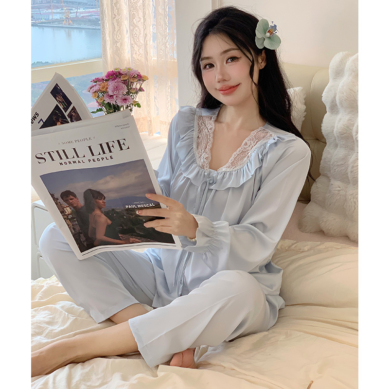2024新款睡衣女春秋季公主風冰絲長袖長褲可外穿家居服套裝夏天薄