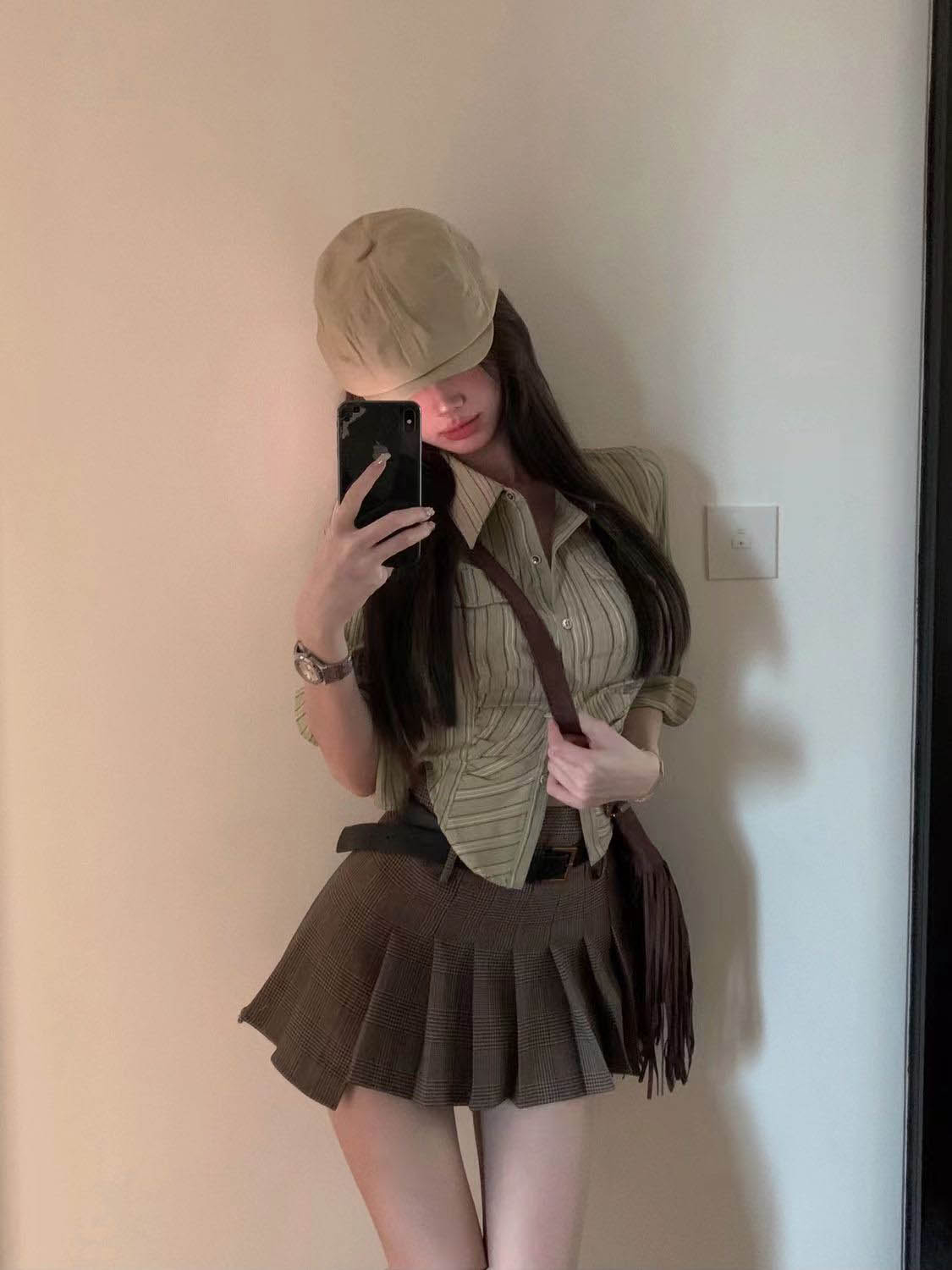 美式辣妹條紋長袖翻領襯衫收腰上衣高腰
