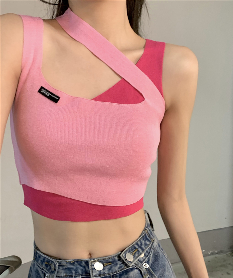 夏季新款bm甜辣妹假兩件吊帶背心女修身短款不規則掛脖上衣