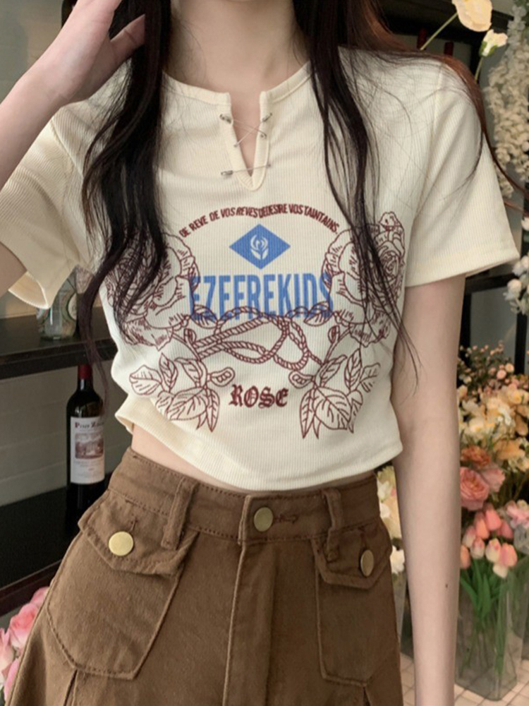 螺紋 怪味少女趣味印花個性別針短袖修身T恤女百搭露臍上衣