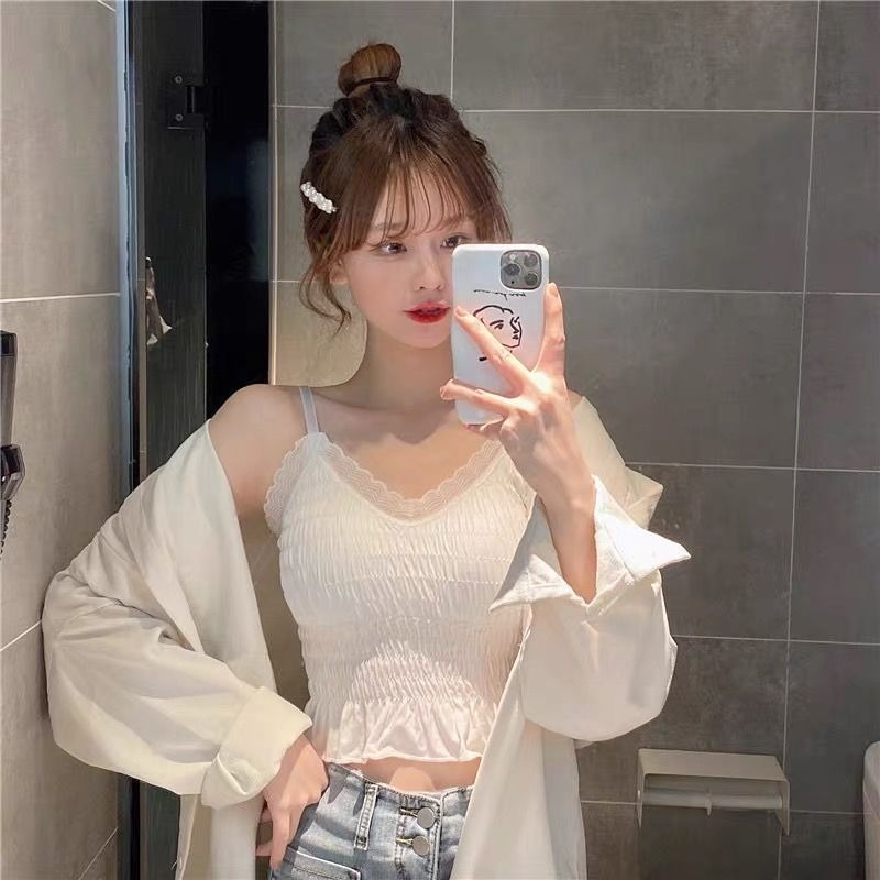 設計感小眾法式蕾絲內衣女小胸薄款吊帶背心上衣外穿百搭褶皺抹胸