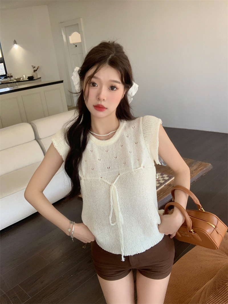 實拍夏季新款韓版小眾氣質小飛袖針織衫女抽繩設計感寬鬆上衣