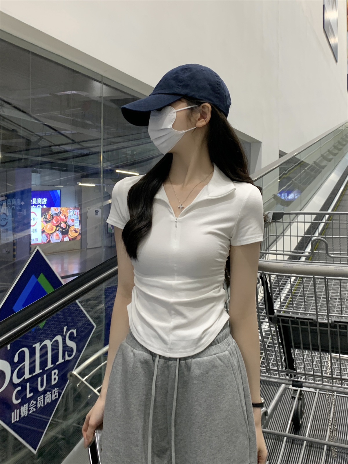 實拍 春夏韓版氣質拉鏈領褶皺顯瘦設計感純棉百搭短袖上衣T恤