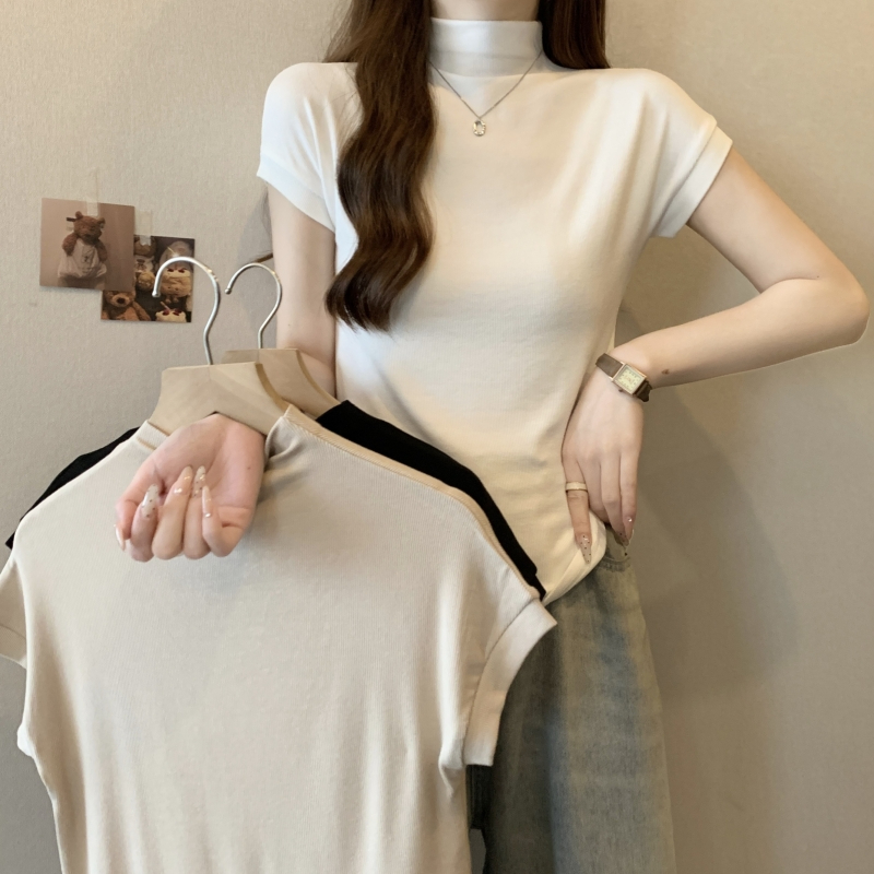 287# 實拍  40支純棉 2024夏裝半高領短袖T恤女in修身無袖